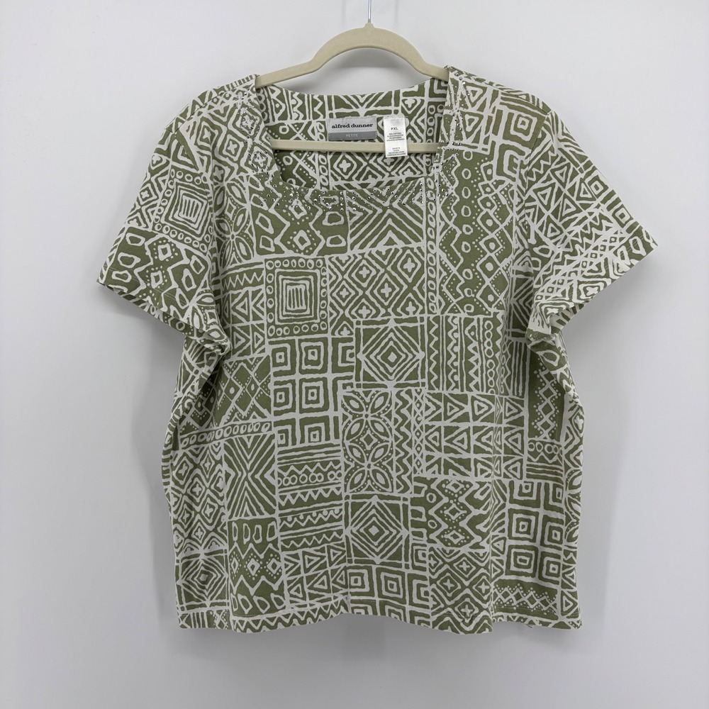 Alfred Dunner Womens PXL Green Tribal Print Square Neck Studded Short Sleeve Top